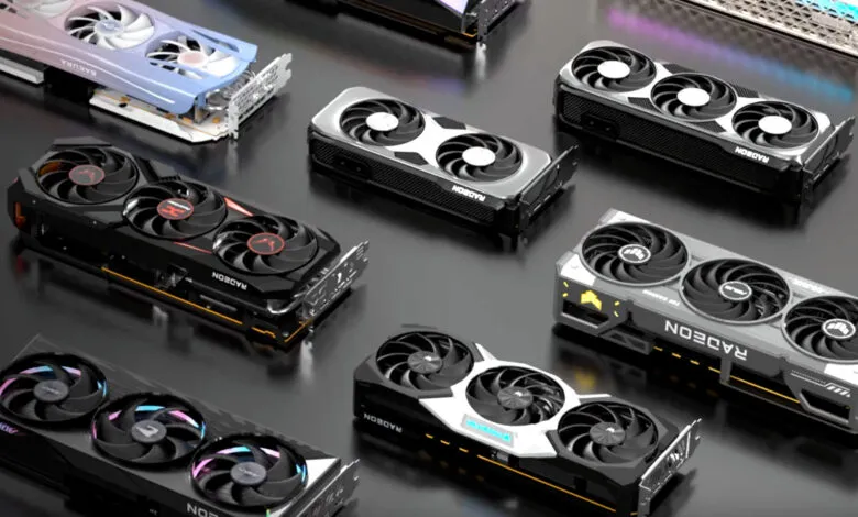 Assortment of AMD Radeon graphics cards in various designs and colors.