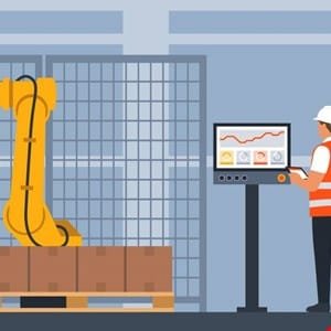 Worker monitors a robotic arm loading boxes onto a pallet in a warehouse.