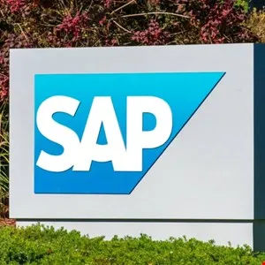 SAP logo on a building sign, blue and white corporate branding.