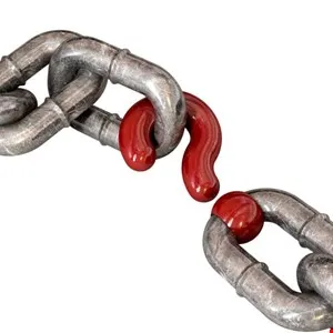 A metal chain with a red question mark link missing, symbolizing a broken link or missing piece.