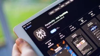 Close-up of a hand holding an iPad displaying the Perplexity AI app on the App Store. The app's icon and description are visible.