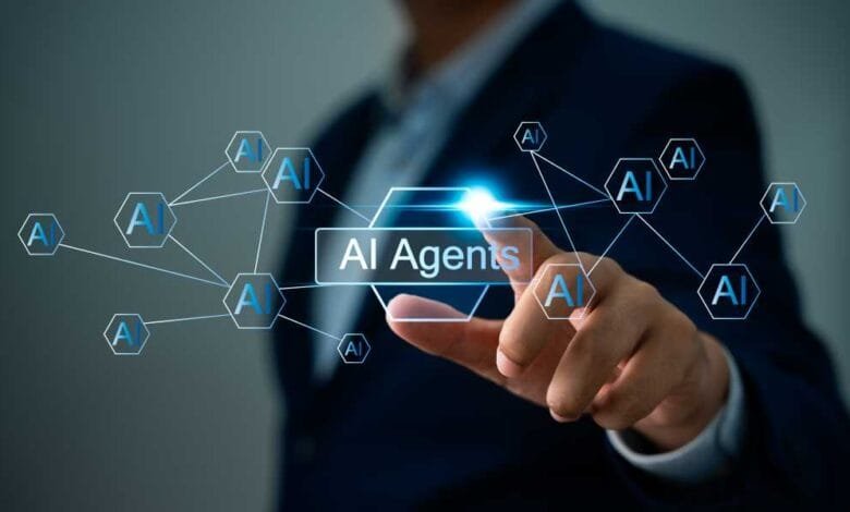 Person in suit interacts with a digital interface showing a network of AI agents.
