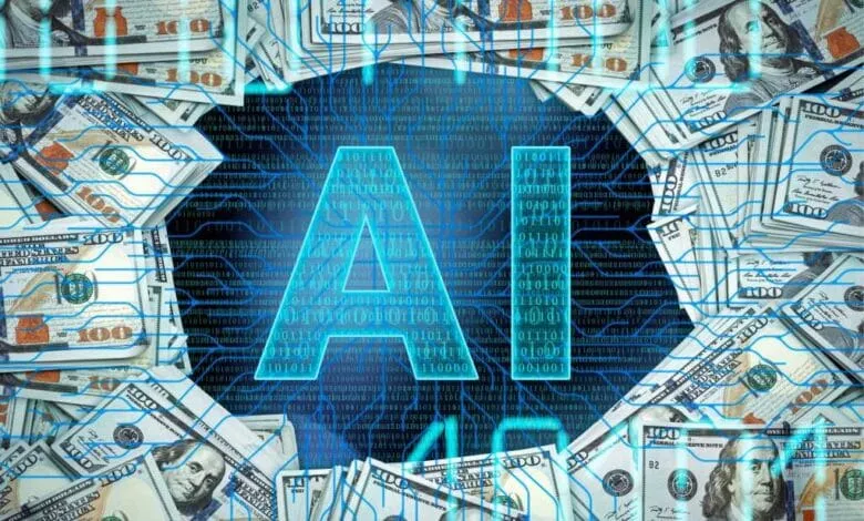 AI logo in glowing blue, superimposed on stacks of US $100 bills and binary code, representing AI monetization.