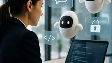Businesswoman views AI chatbot on laptop; security and code symbols hover nearby.