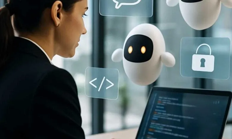 Businesswoman views AI chatbot on laptop; security and code symbols hover nearby.