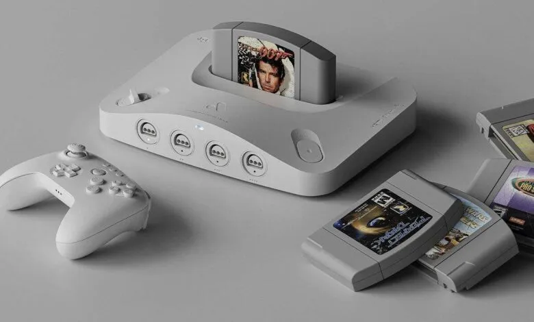 Modern gray Nintendo 64 console with controller and game cartridges.