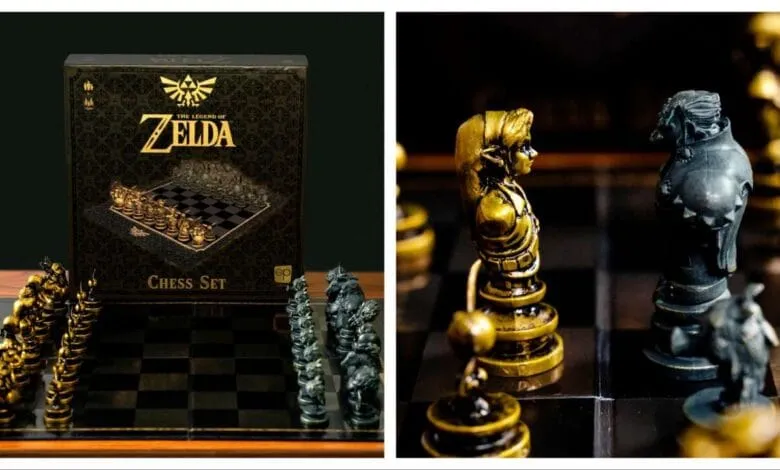 A Zelda-themed chess set with gold and dark bronze pieces on a dark board. The box shows the game's logo.