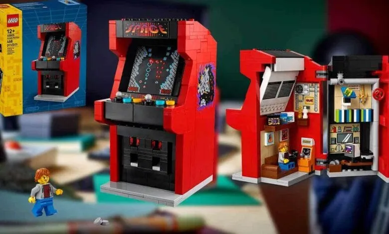 LEGO Arcade Machine: A red and black LEGO model of a classic arcade game, with a detailed interior revealing a retro gaming room.