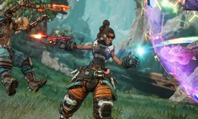 A dynamic video game scene featuring a female character in futuristic armor wielding energy weapons, engaged in combat with robotic opponents.