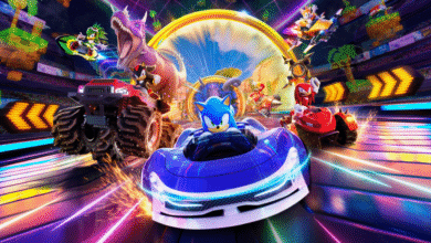 Sonic and friends race futuristic karts on a vibrant track, with a giant dinosaur and other characters in the background.