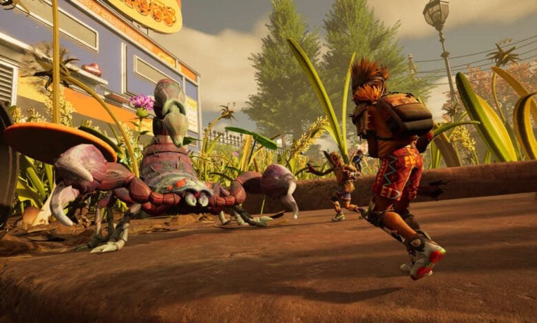Two characters flee a giant scorpion in a vibrant, whimsical game scene.
