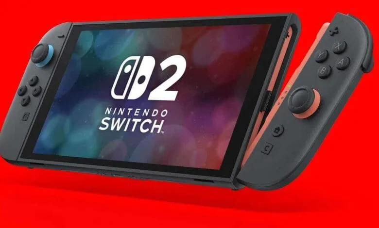 Nintendo Switch OLED model with coral Joy-Cons displayed against a red background. The console shows the Nintendo Switch logo and the number 2.