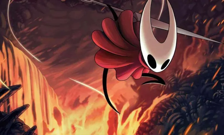 Hornet from Hollow Knight: Silksong leaps with a needle weapon in a fiery, volcanic landscape.