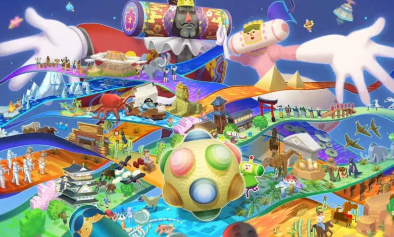 Whimsical artwork depicting a giant king and queen holding a world map filled with miniature scenes from various cultures and historical periods.