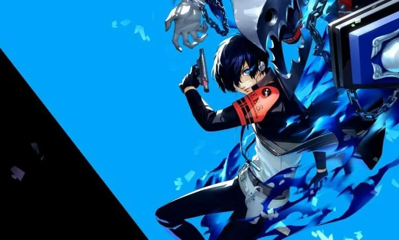 Anime-style character wielding a gun, surrounded by blue flames and dark, chained objects against a vibrant blue background.