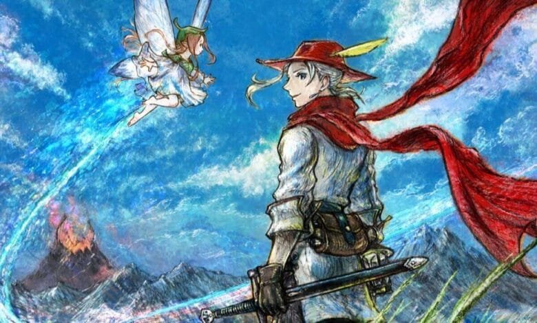 A young swordsman with a red scarf and hat looks up at a fairy flying in a vibrant sky.