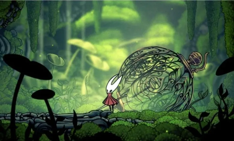 A small, white knight-like figure pushes a large, ornate, green cage in a lush, mossy forest.