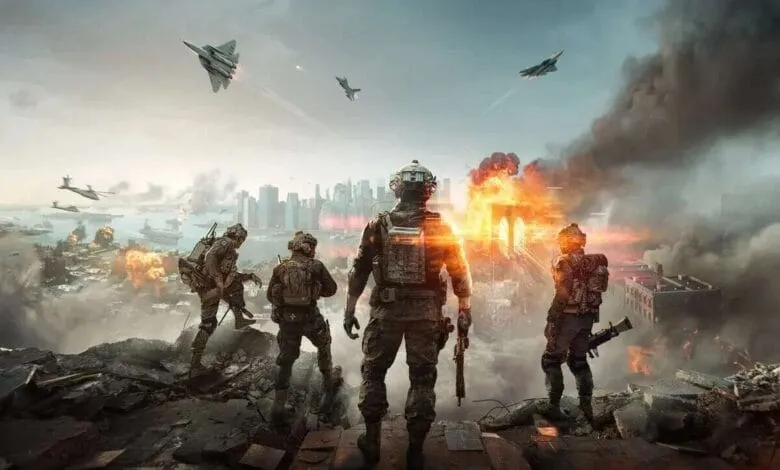 Soldiers survey a war-torn city skyline, explosions and fighter jets in the background.