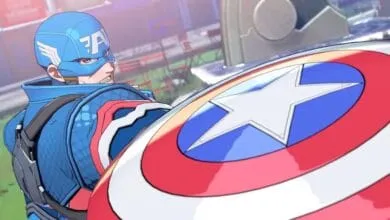 Captain America, in a stylized art style, prepares to defend himself with his iconic shield.
