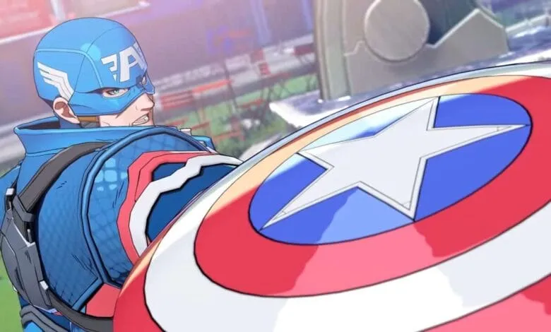 Captain America, in a stylized art style, prepares to defend himself with his iconic shield.