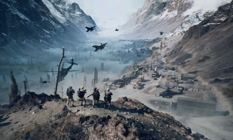 Soldiers overlooking a mountainous battlefield with helicopters and jets overhead.