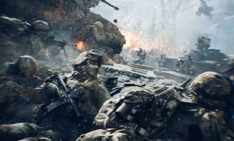 Soldiers in combat, amidst explosions and military vehicles. A chaotic battlefield scene.