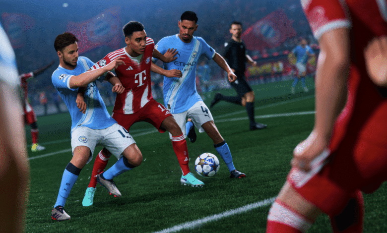 Intense soccer match; players in red and light blue jerseys vie for the ball.