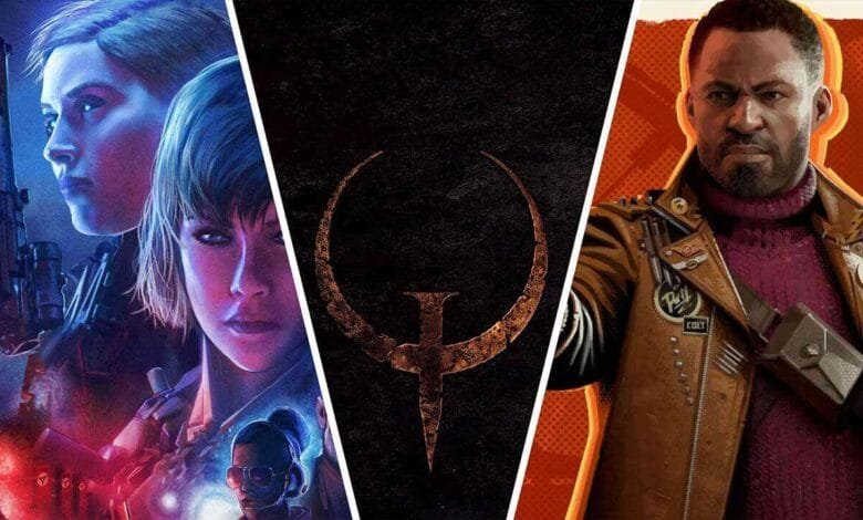 A collage showcasing key art from video games: A cyberpunk-style duo, the Quake logo, and a character from a retro-futuristic game.