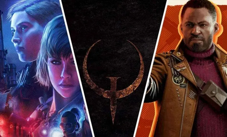 A collage showcasing key art from video games: A cyberpunk-style duo, the Quake logo, and a character from a retro-futuristic game.