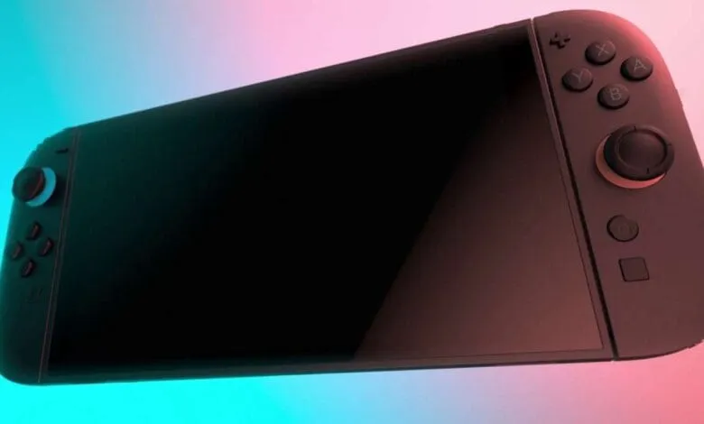 Sleek black Nintendo Switch against a teal and pink backdrop. Buttons and joystick are visible.