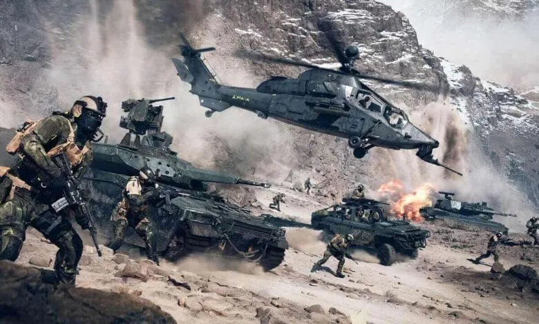 Soldiers in combat, maneuvering armored vehicles and a helicopter amidst a mountainous battlefield.
