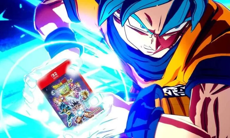 Anime character Goku holds a Dragon Ball Super: Super Hero Nintendo Switch game case, glowing with blue energy.