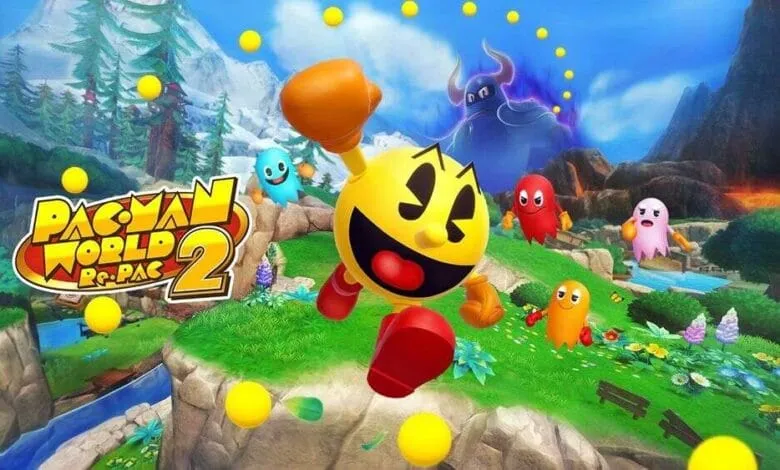 Pac-Man leaps through a vibrant, 3D world in Pac-Man World 2 Re-Pac, surrounded by ghosts and power pellets.