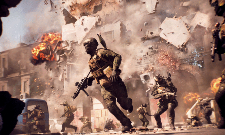 Soldiers running through a warzone amidst explosions and collapsing buildings. Intense action scene.