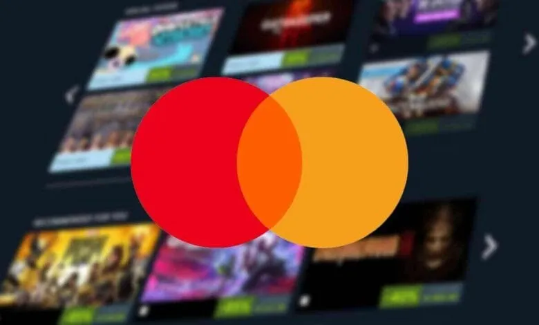 Mastercard logo overlaid on a blurred background of video game thumbnails.
