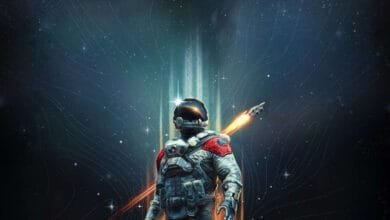 Astronaut in spacesuit stands against a dark, starry backdrop, a rocket trails behind them.