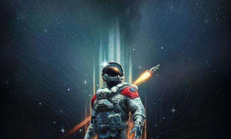 Astronaut in spacesuit stands against a dark, starry backdrop, a rocket trails behind them.