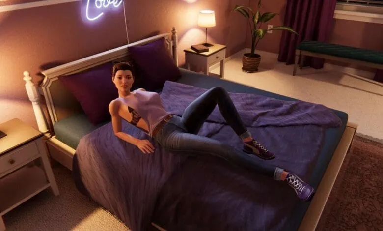 A young woman relaxes on a bed in a dimly lit bedroom. She wears jeans and a lavender tank top.