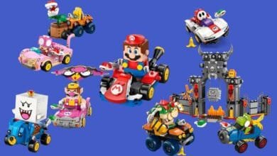 Lego Super Mario karts and playsets featuring Mario, Luigi, Bowser, and other characters.