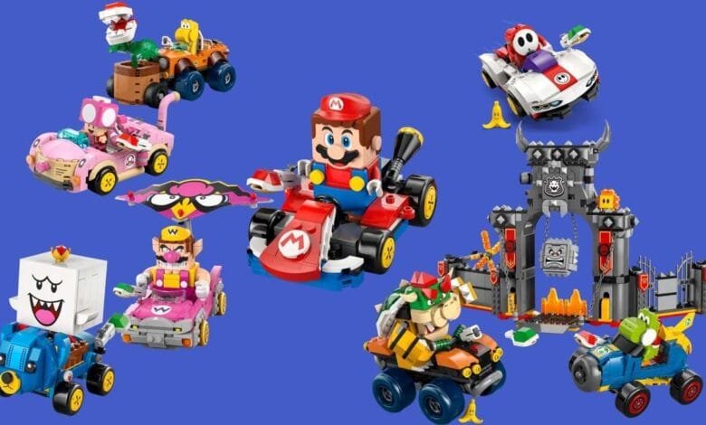 Lego Super Mario karts and playsets featuring Mario, Luigi, Bowser, and other characters.
