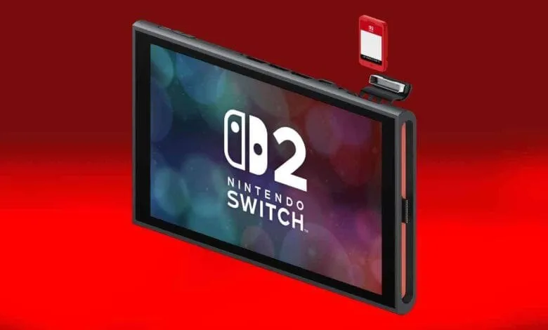 Nintendo Switch OLED model with a red microSD card being inserted. The screen displays the Nintendo Switch logo.