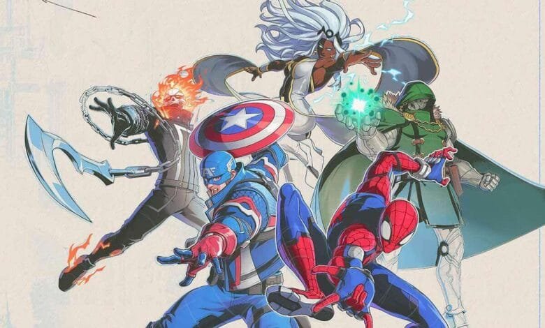 Dynamic artwork featuring Marvel characters Captain America, Spider-Man, Ghost Rider, Storm, and Doctor Doom engaged in action.