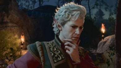 A high-fantasy elf, with pale skin and white hair, wearing ornate clothing, ponders thoughtfully in a dimly lit forest scene.
