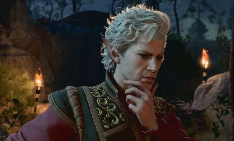 A high-fantasy elf, with pale skin and white hair, wearing ornate clothing, ponders thoughtfully in a dimly lit forest scene.