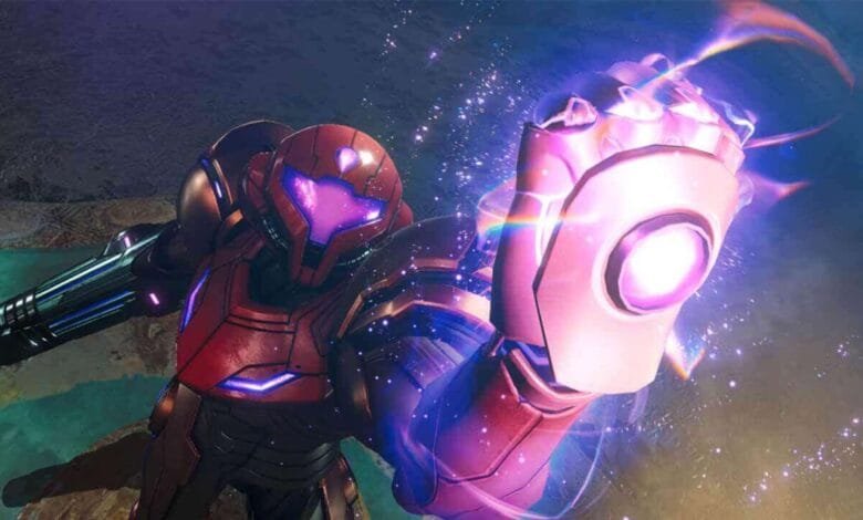 Samus Aran, in her powerful suit, wields a glowing pink energy weapon against a cosmic backdrop.