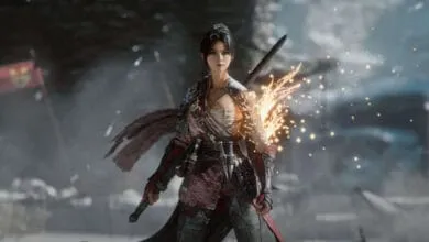 A female warrior, clad in red and black armor, stands defiantly amidst a battlefield, sparks emanating from her sword.