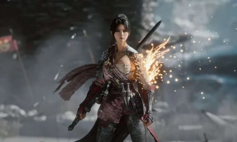 A female warrior, clad in red and black armor, stands defiantly amidst a battlefield, sparks emanating from her sword.