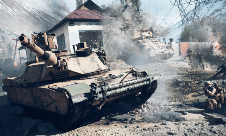 Battlefield scene: A tank rolls through a war-torn village amidst explosions and soldiers in combat.
