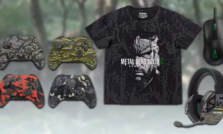 Metal Gear Solid gaming bundle featuring camo Xbox controllers, a Snake Eater t-shirt, gaming mouse, and headset.