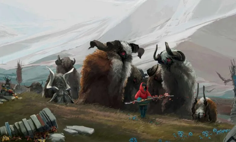 A lone figure in red stands before a herd of large, furry, horned creatures against a mountainous backdrop.